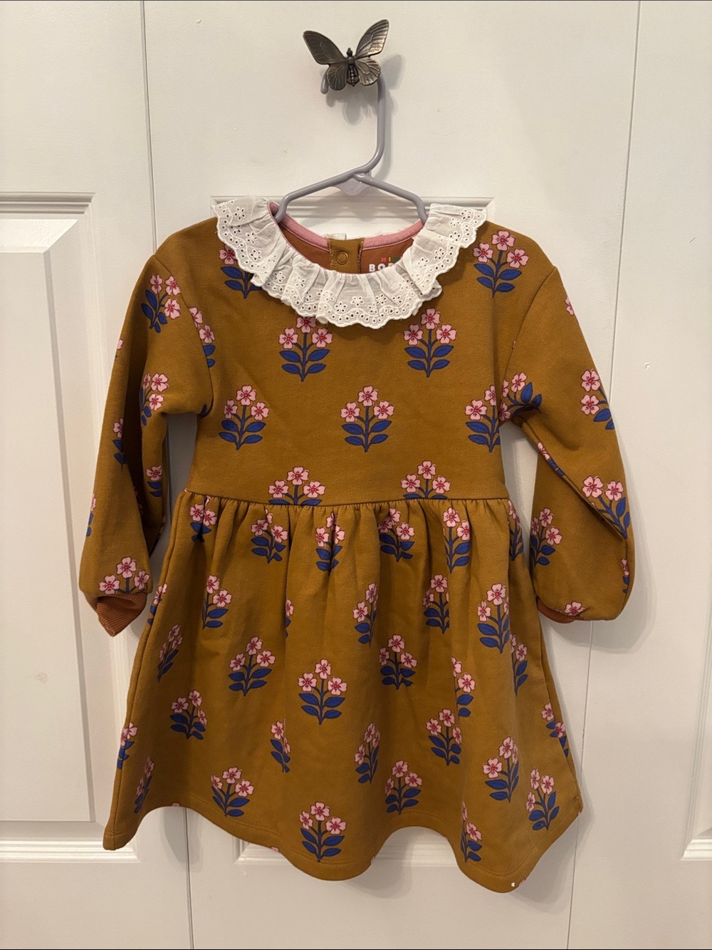 Mini Boden Mustard Floral Dress with White Lace Collar
